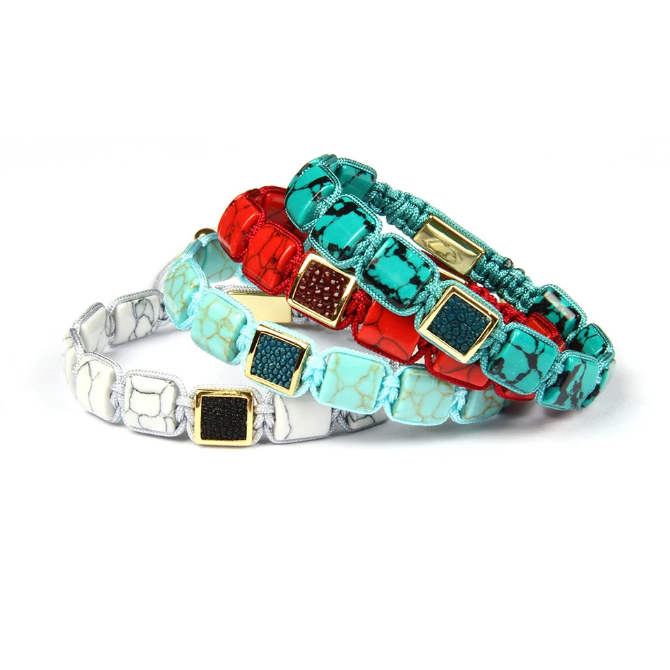 Ailatu 10 Teile/los Männer Armband Howlite Platz Echt Stingray Leder Macrame Armbänder Künstlichen Howlite Flache Stein Perlen