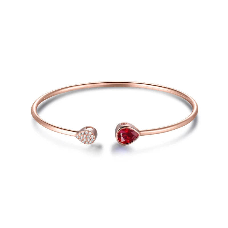 LOVERJEWELRY Bangle Solid 18K Rose Gold Pear Cut Natural Ruby Wedding Diamond Bracelet Promised Jewelry for Women Christmas Gift