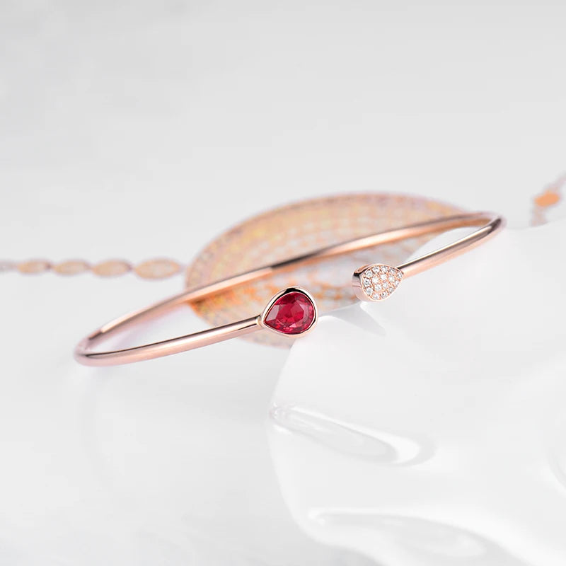 LOVERJEWELRY Bangle Solid 18K Rose Gold Pear Cut Natural Ruby Wedding Diamond Bracelet Promised Jewelry for Women Christmas Gift
