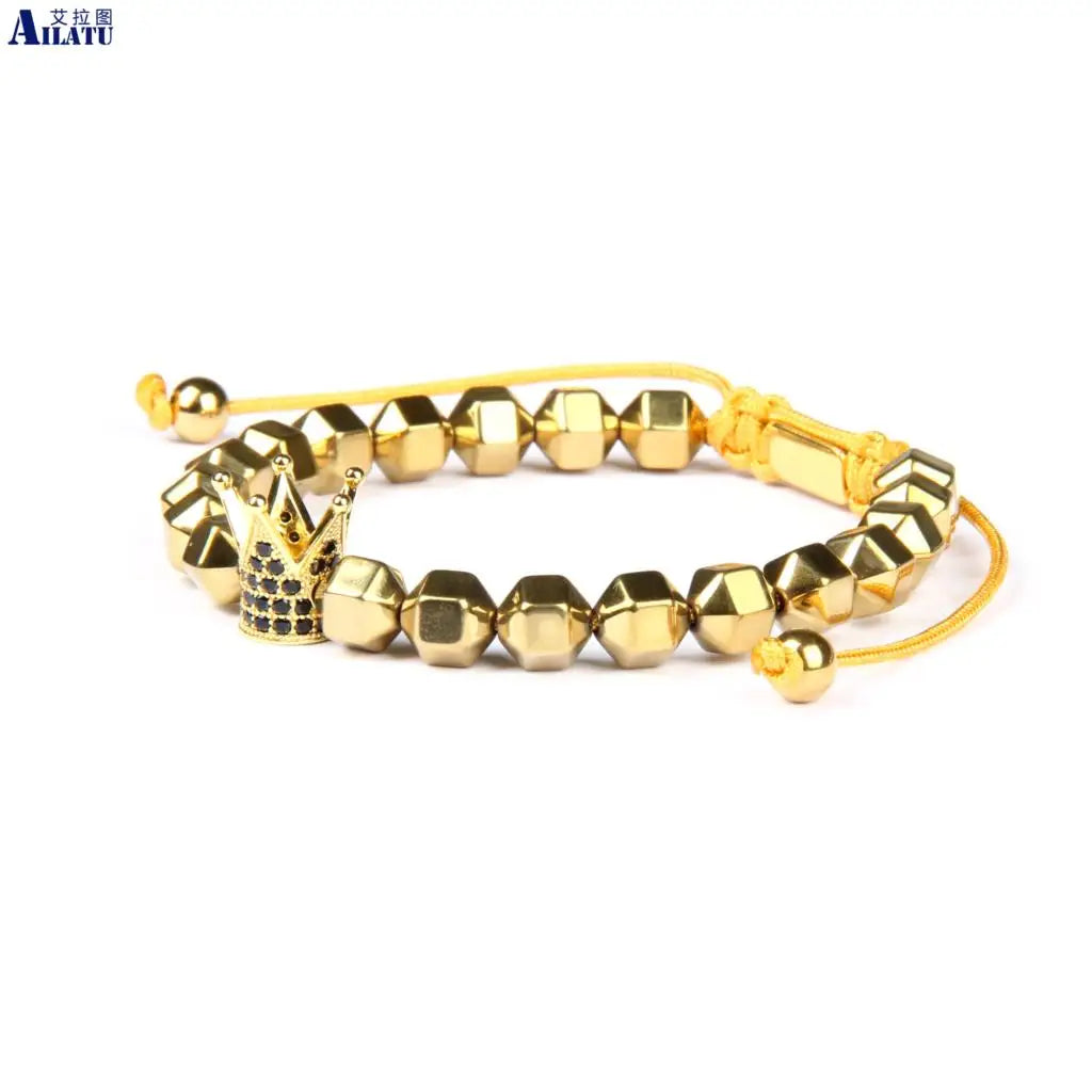 Ailatu 10 teile/los Crown Armband Schwarz Hämatit Perlen Macrame Pulseira Masculina Schmuck Anpassbare Stil und Laser Logo