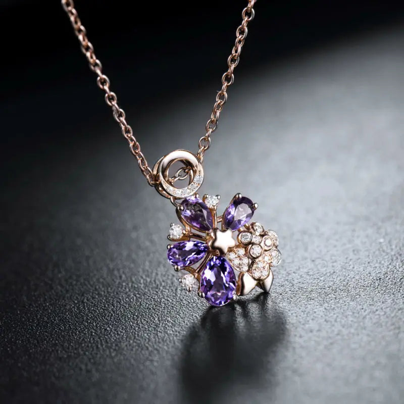 LOVERJEWELRY Дамски бижута Аметист Висулка Винтидж Плътно 18K Розово Злато Естествен Аметист Висулка За Момиче Парти Бижута Подарък