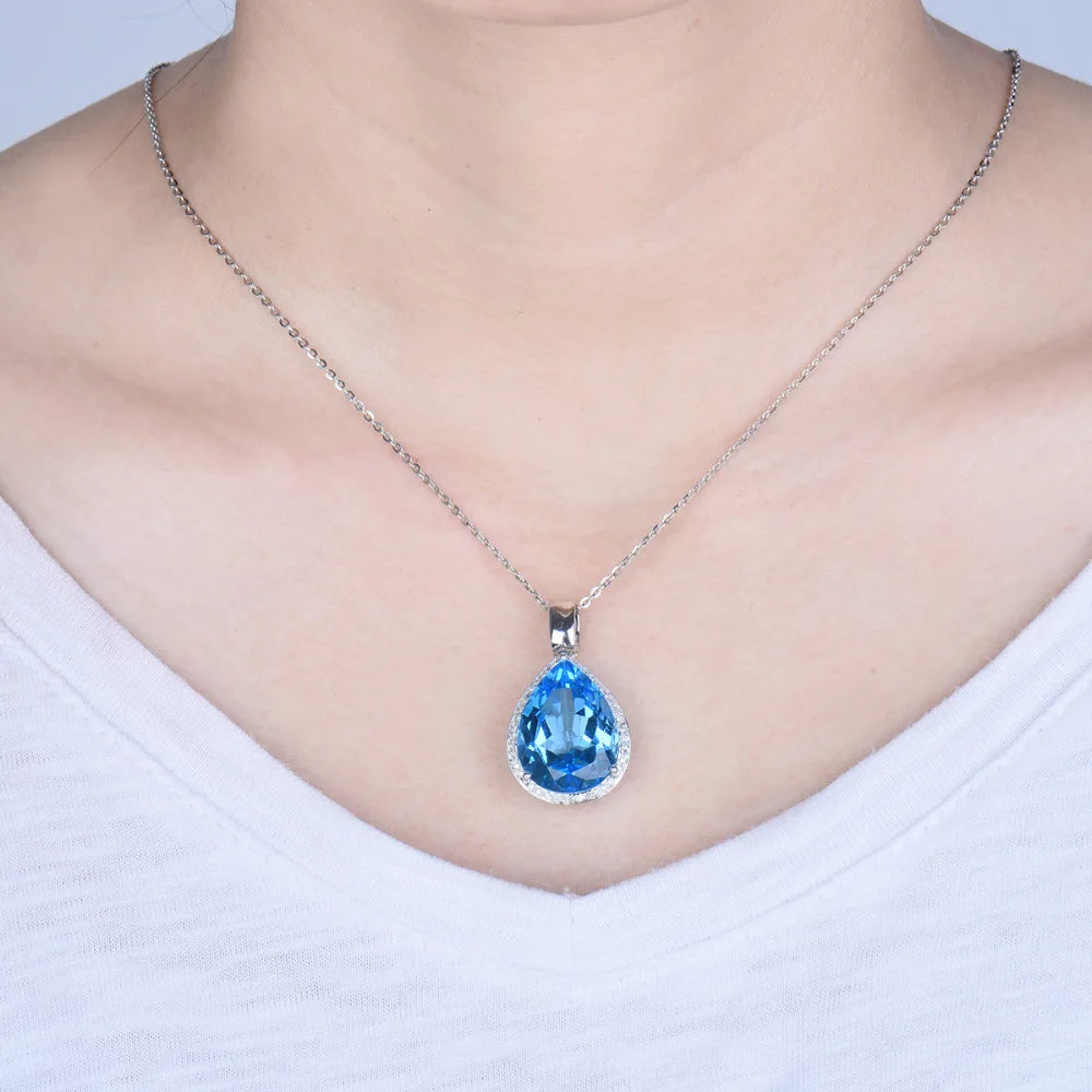 LOVERJEWELRY Висулка с круша 15x20 мм Истинско 14K бяло злато с диаманти и син топаз, висулки за жени, парти бижута без верижка