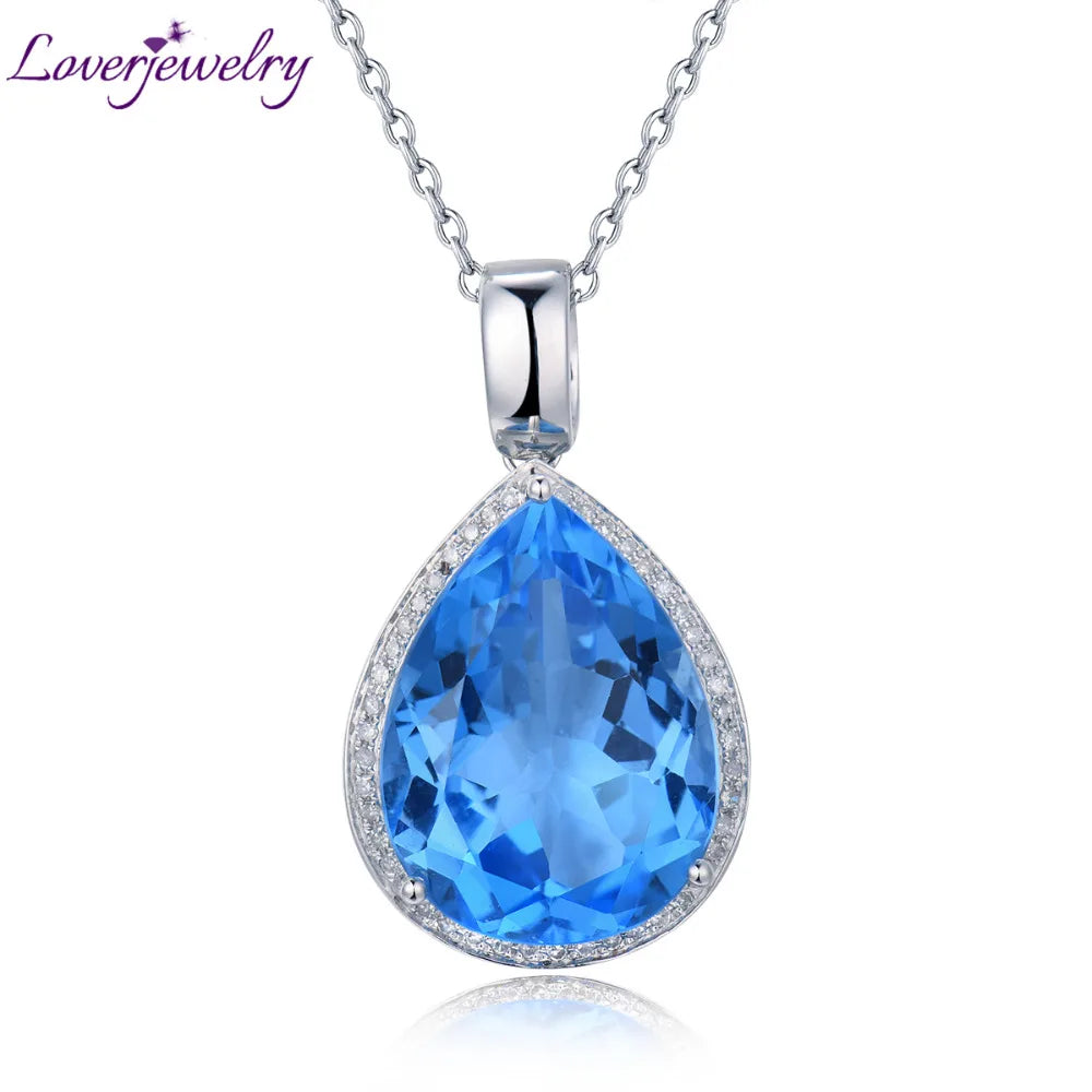 LOVERJEWELRY Висулка с круша 15x20 мм Истинско 14K бяло злато с диаманти и син топаз, висулки за жени, парти бижута без верижка