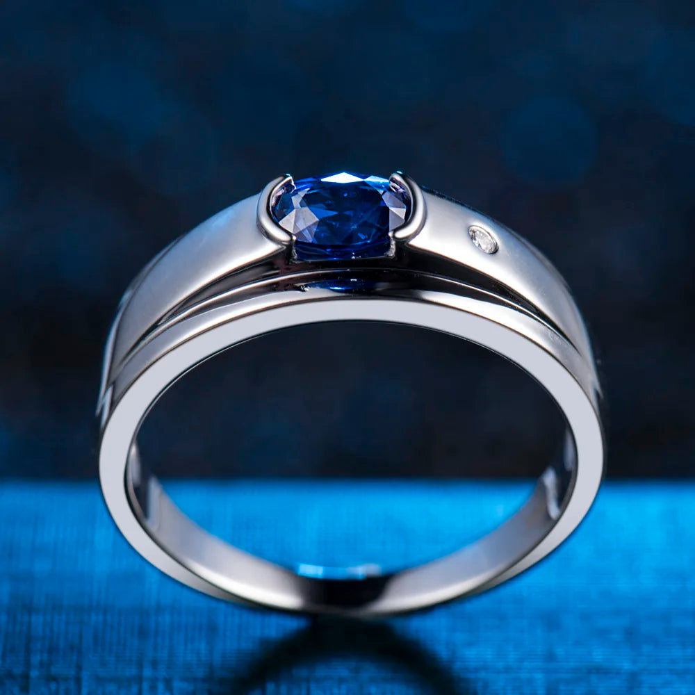 LOVERJEWELRY Men Jewelry Ring Pure 18KT White Gold Natural Sapphire Gemstone Ring Diamond Man Rings For Husband Anniversary Gift