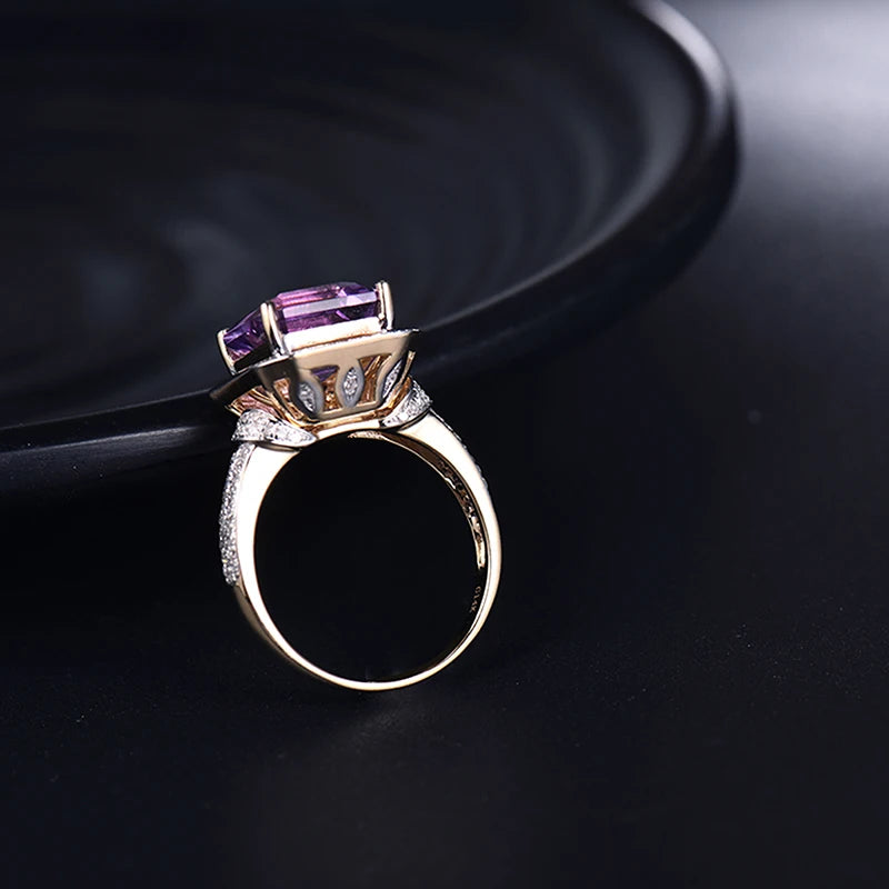 LOVERJEWELRY Klassische Damenringe aus massivem 6,22 Karat Gelbgold, Diamant, lila Amethyst, für Verlobung, Ehering, Schmuck, Geschenk