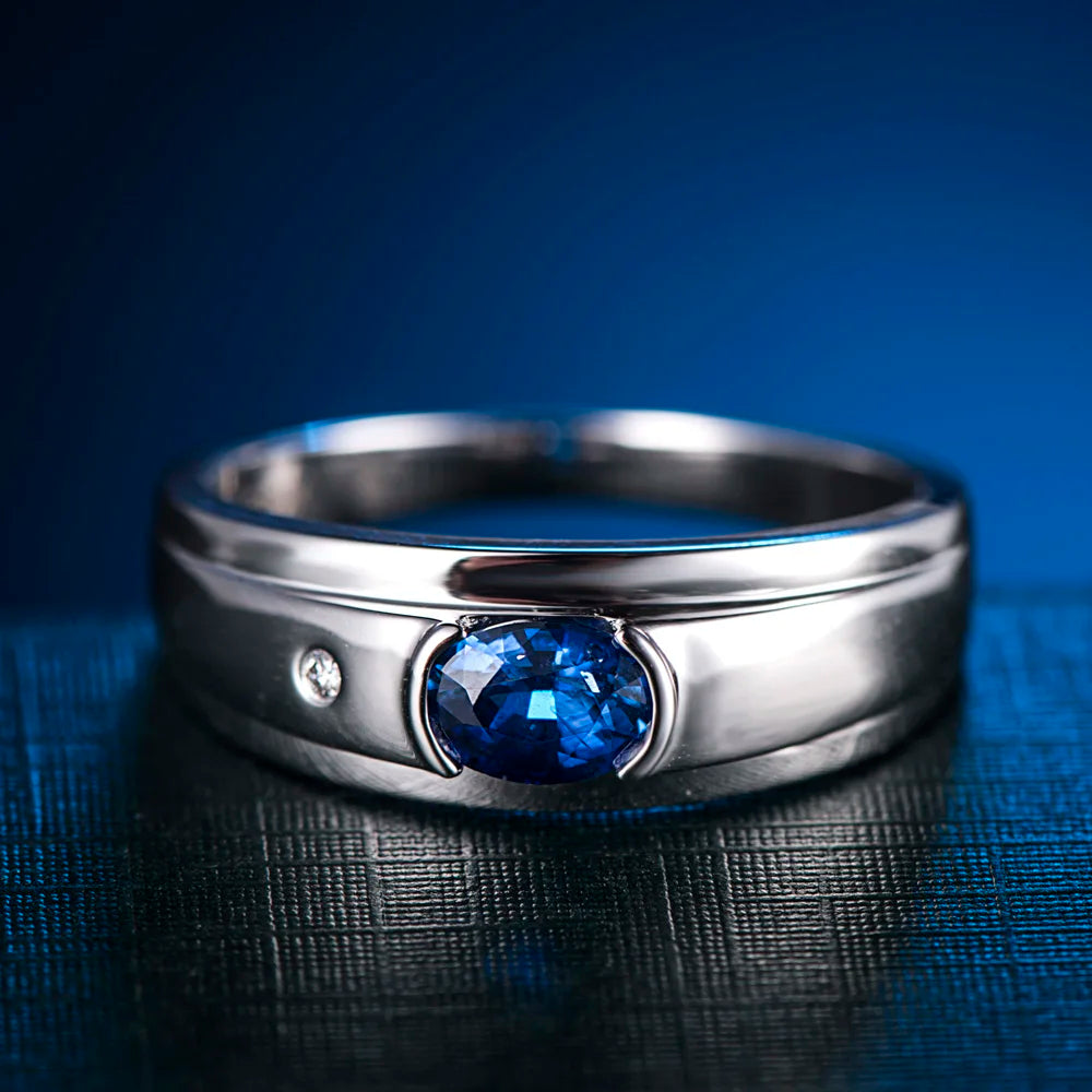 LOVERJEWELRY Men Jewelry Ring Pure 18KT White Gold Natural Sapphire Gemstone Ring Diamond Man Rings For Husband Anniversary Gift