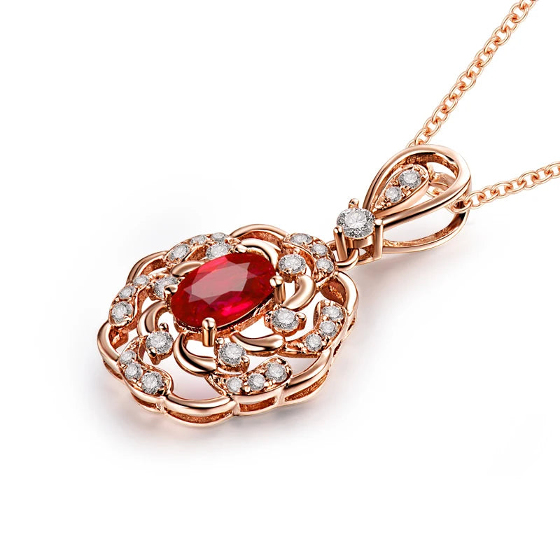 LOVERJEWELRY Elegant Red Ruby Pendant Women Necklace Jewelry Real 14K Rose Gold Natural Diamonds Pendants for Girls Party Gift