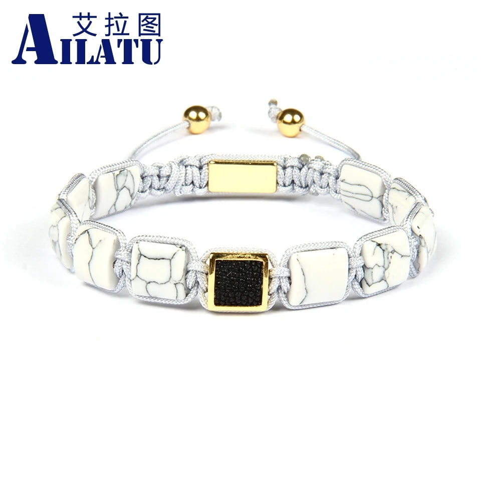 Ailatu 10 Teile/los Männer Armband Howlite Platz Echt Stingray Leder Macrame Armbänder Künstlichen Howlite Flache Stein Perlen