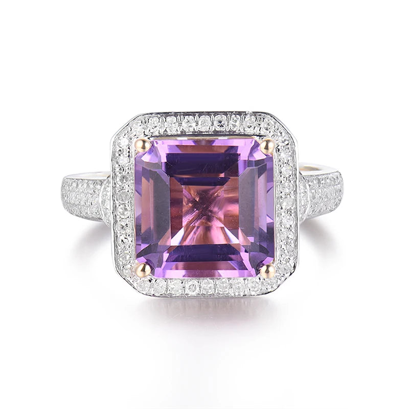 LOVERJEWELRY Klassische Damenringe aus massivem 6,22 Karat Gelbgold, Diamant, lila Amethyst, für Verlobung, Ehering, Schmuck, Geschenk