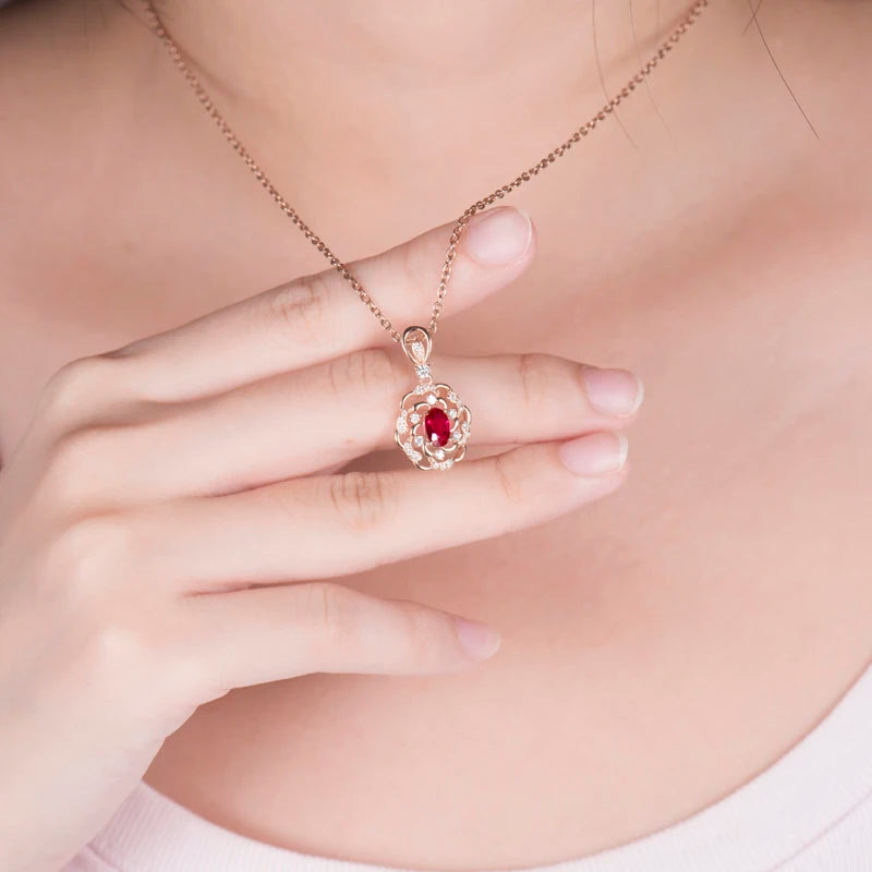 LOVERJEWELRY Elegant Red Ruby Pendant Women Necklace Jewelry Real 14K Rose Gold Natural Diamonds Pendants for Girls Party Gift