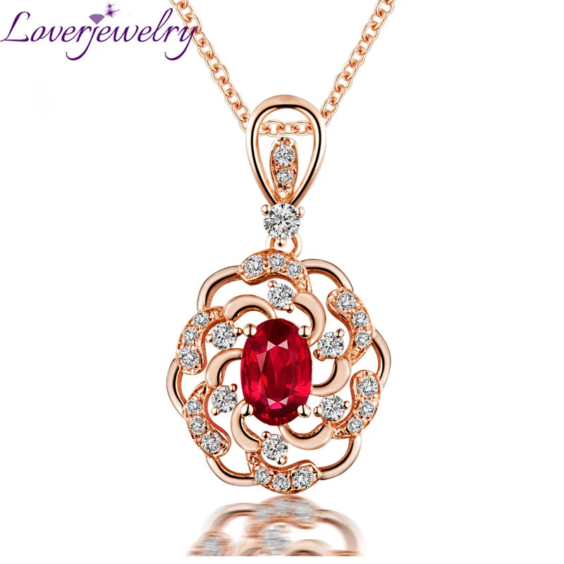 LOVERJEWELRY Elegant Red Ruby Pendant Women Necklace Jewelry Real 14K Rose Gold Natural Diamonds Pendants for Girls Party Gift