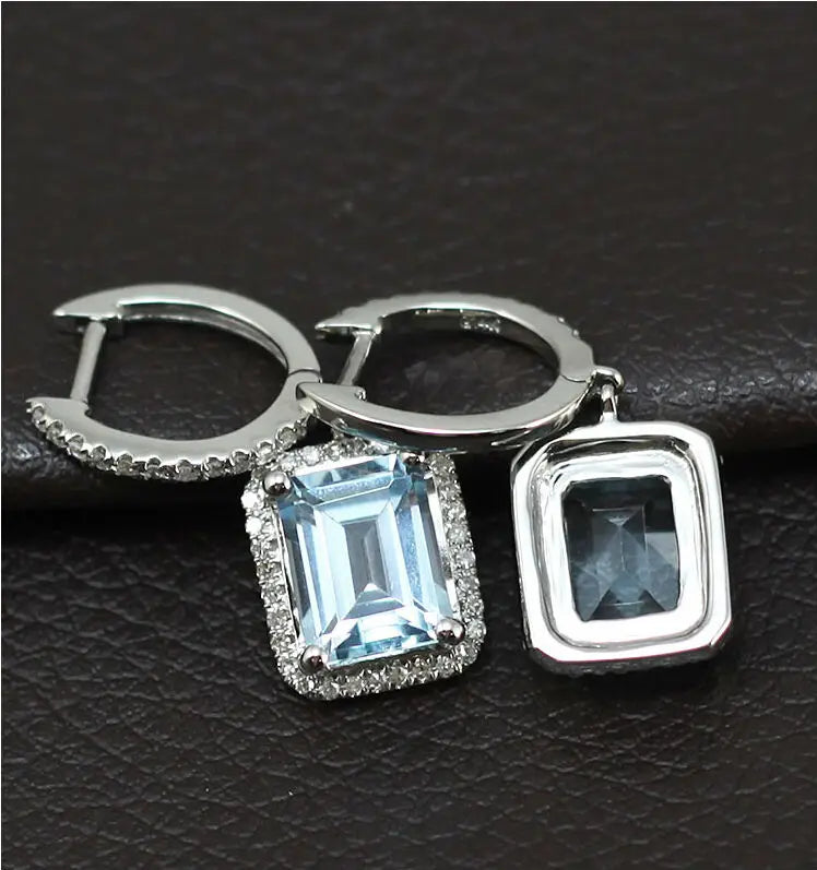 LOVERJEWELRY Дамски висящи обеци с изумруден шлиф 7x9 мм, камък чисто 14K бяло злато, диамант, топаз, годежни обеци, бижута за жени