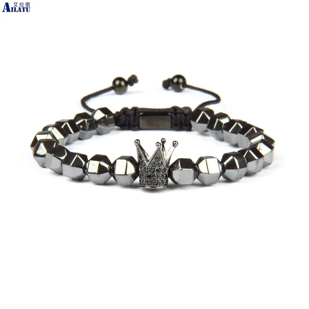 Ailatu 10 teile/los Crown Armband Schwarz Hämatit Perlen Macrame Pulseira Masculina Schmuck Anpassbare Stil und Laser Logo