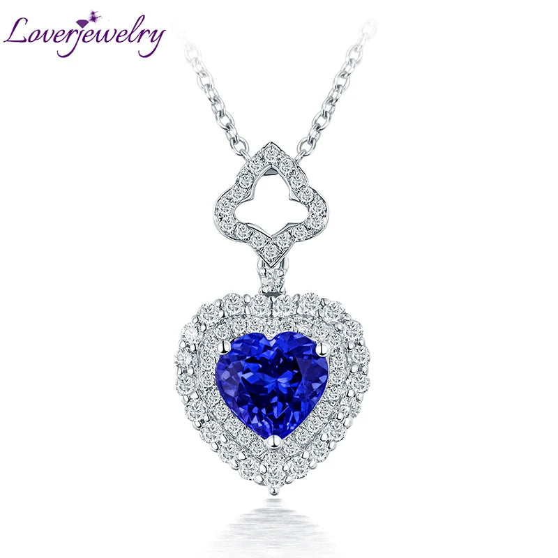 LOVERJEWELRY Mädchen Herz Anhänger Diamanten Natürlicher Blauer Tansanit Anhänger Halskette Ohne Kette Echt 14Kt Weißgold Schmuck