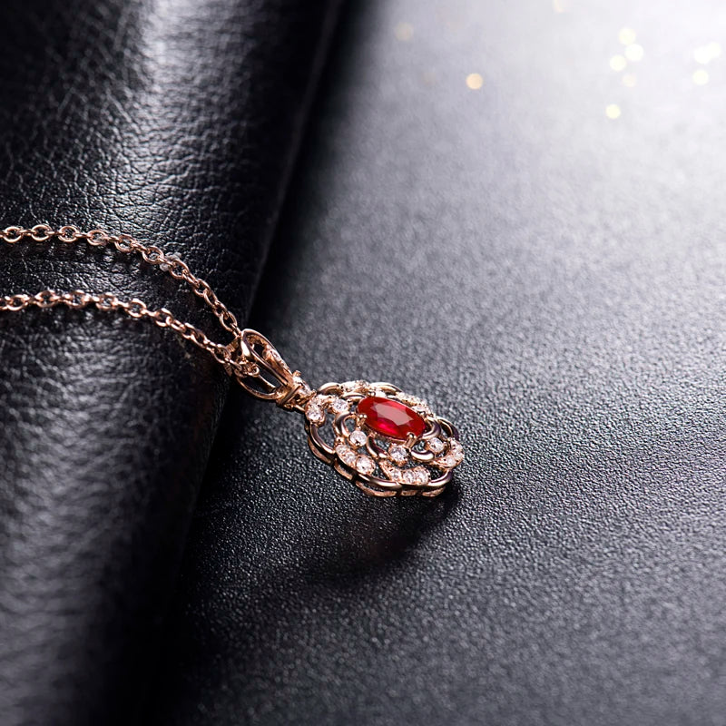 LOVERJEWELRY Elegant Red Ruby Pendant Women Necklace Jewelry Real 14K Rose Gold Natural Diamonds Pendants for Girls Party Gift