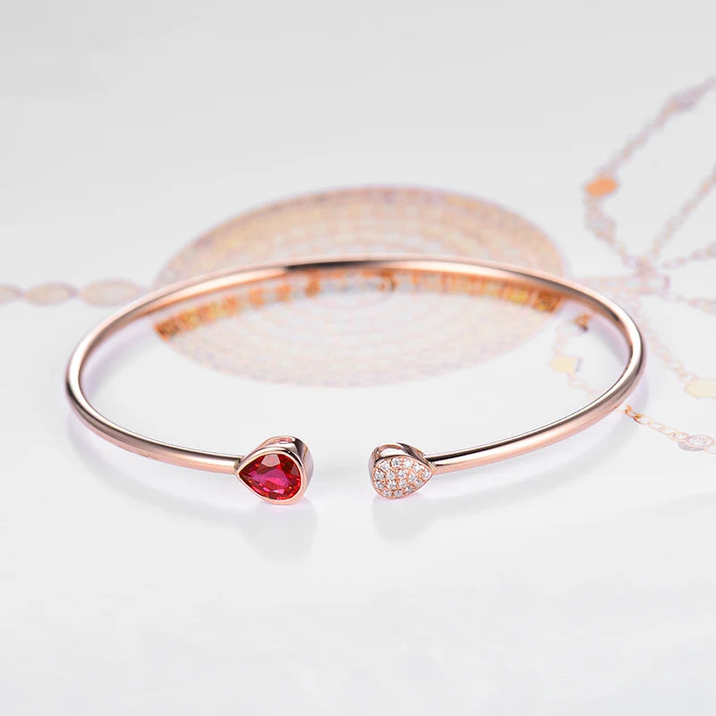 LOVERJEWELRY Bangle Solid 18K Rose Gold Pear Cut Natural Ruby Wedding Diamond Bracelet Promised Jewelry for Women Christmas Gift
