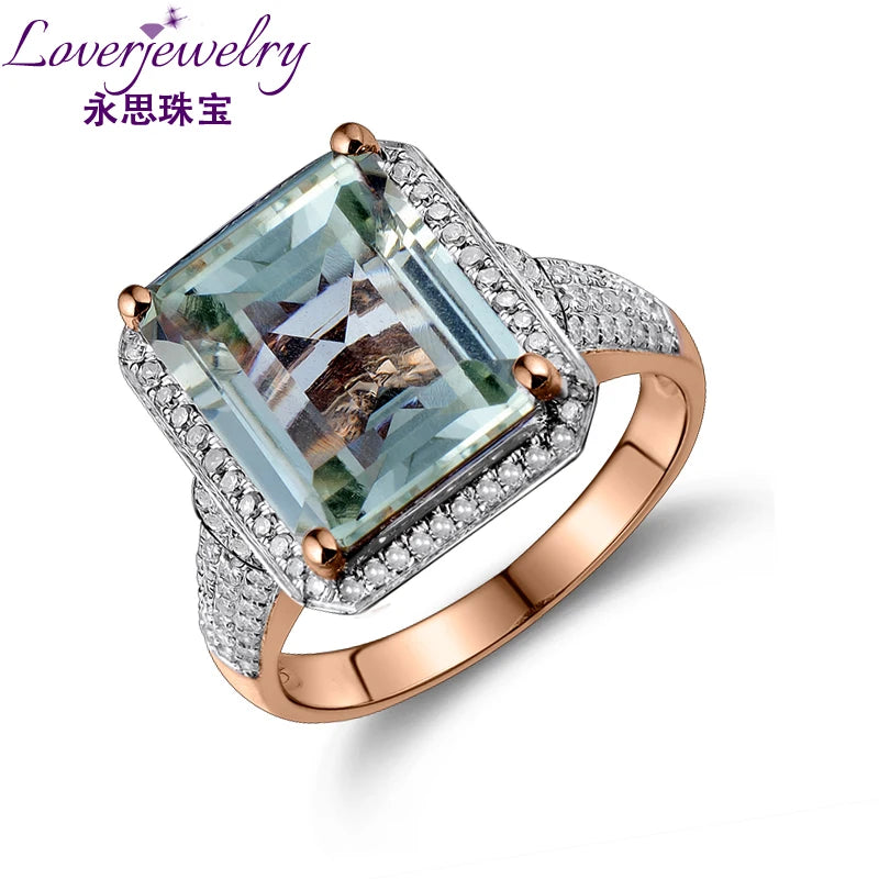 LOVERJEWELRY Ring für Damen, Smaragdschliff, grüner Quarz, 100 % natürlicher Amethyst, Diamant-Verlobungsring, echter 14-karätiger Roségold-Schmuck