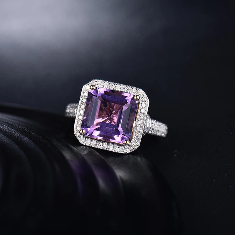 LOVERJEWELRY Klassische Damenringe aus massivem 6,22 Karat Gelbgold, Diamant, lila Amethyst, für Verlobung, Ehering, Schmuck, Geschenk