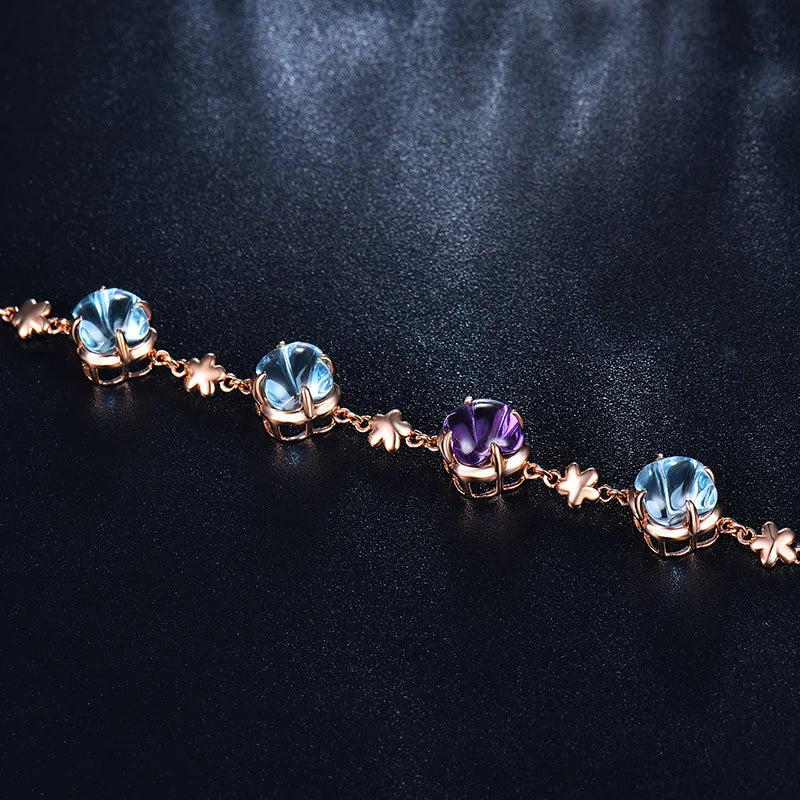 LOVERJEWELRY Citrine Topaz Amethyst Bracelet Real 14K Rose Gold Bangle Fine Jewelry for Wife Daughter Birthday Gift