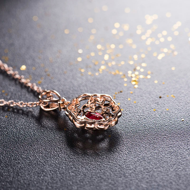 LOVERJEWELRY Elegant Red Ruby Pendant Women Necklace Jewelry Real 14K Rose Gold Natural Diamonds Pendants for Girls Party Gift