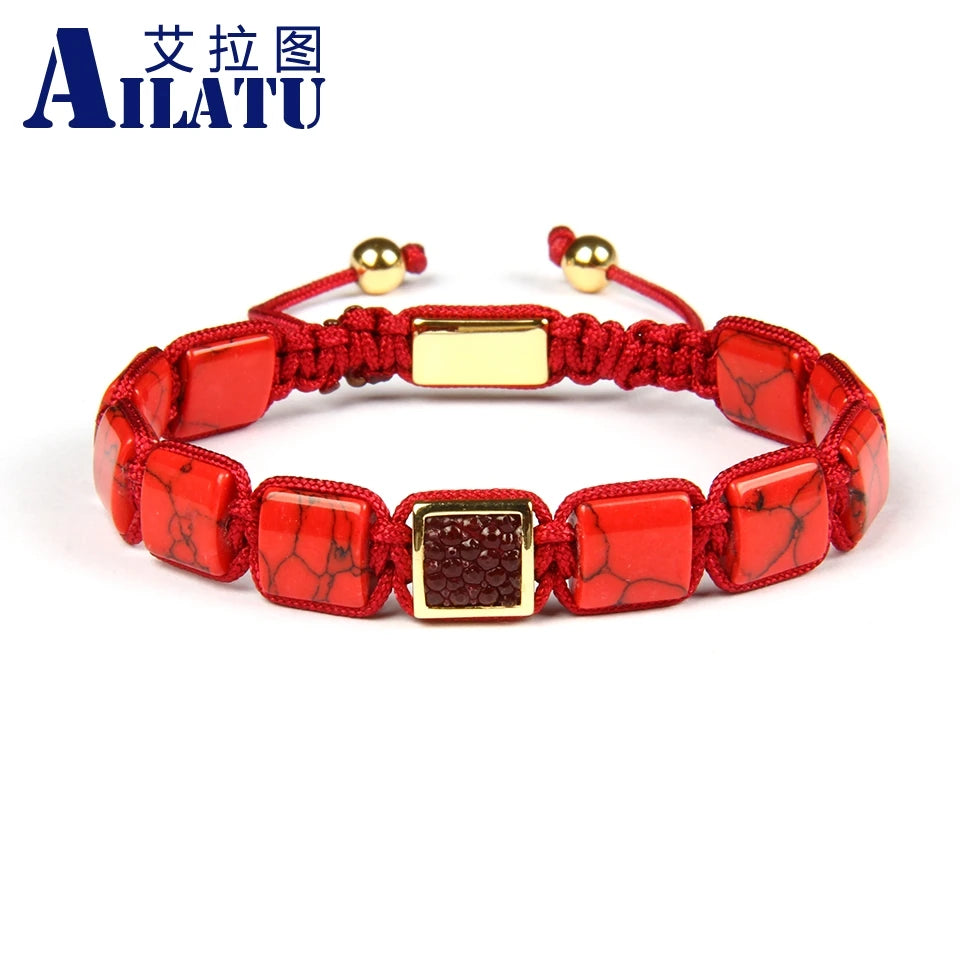 Ailatu 10 Teile/los Männer Armband Howlite Platz Echt Stingray Leder Macrame Armbänder Künstlichen Howlite Flache Stein Perlen