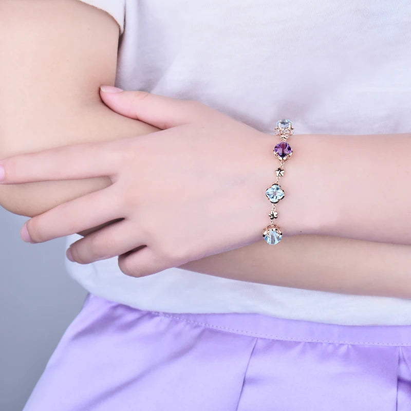 LOVERJEWELRY Citrine Topaz Amethyst Bracelet Real 14K Rose Gold Bangle Fine Jewelry for Wife Daughter Birthday Gift