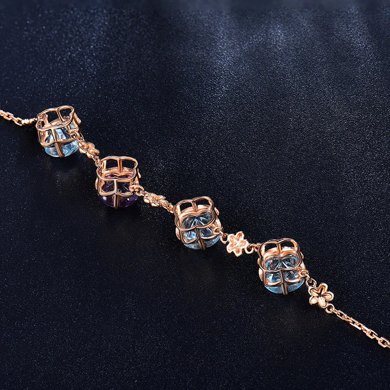 LOVERJEWELRY Citrine Topaz Amethyst Bracelet Real 14K Rose Gold Bangle Fine Jewelry for Wife Daughter Birthday Gift