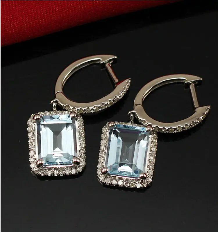 LOVERJEWELRY Дамски висящи обеци с изумруден шлиф 7x9 мм, камък чисто 14K бяло злато, диамант, топаз, годежни обеци, бижута за жени