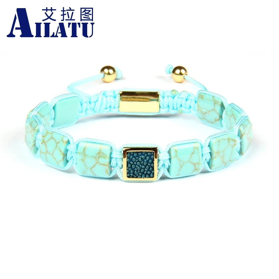 Ailatu 10 Teile/los Männer Armband Howlite Platz Echt Stingray Leder Macrame Armbänder Künstlichen Howlite Flache Stein Perlen
