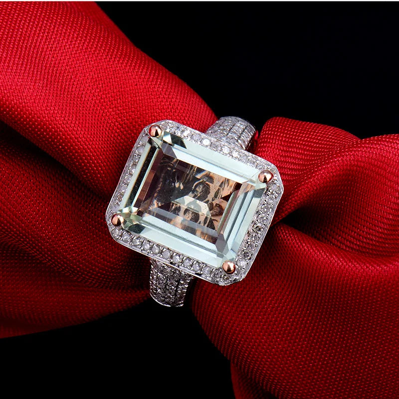 LOVERJEWELRY Ring für Damen, Smaragdschliff, grüner Quarz, 100 % natürlicher Amethyst, Diamant-Verlobungsring, echter 14-karätiger Roségold-Schmuck