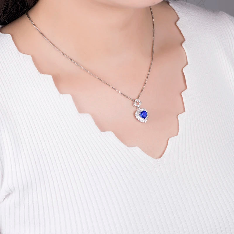 LOVERJEWELRY Mädchen Herz Anhänger Diamanten Natürlicher Blauer Tansanit Anhänger Halskette Ohne Kette Echt 14Kt Weißgold Schmuck