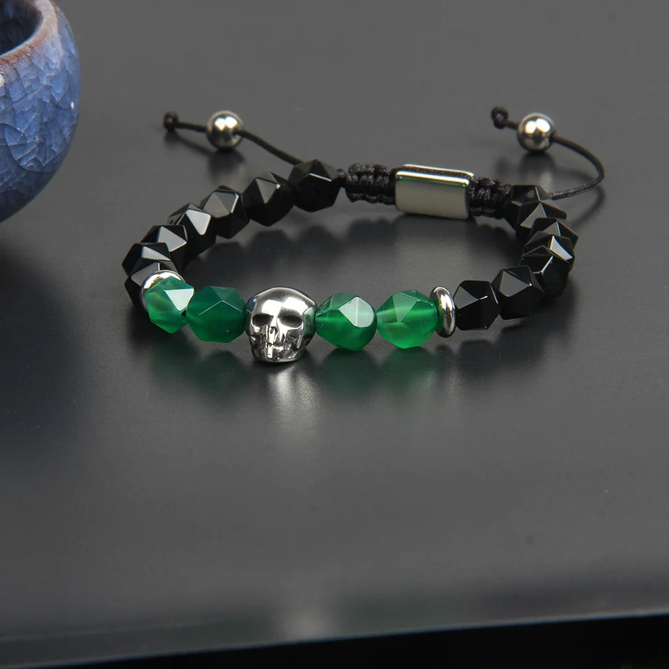 Ailatu 10 teile/los Edelstahl Schädel Flechten Armband Natürliche Faceted Cut Onyx Skeleton Schmuck Seil Kette Grün Männer