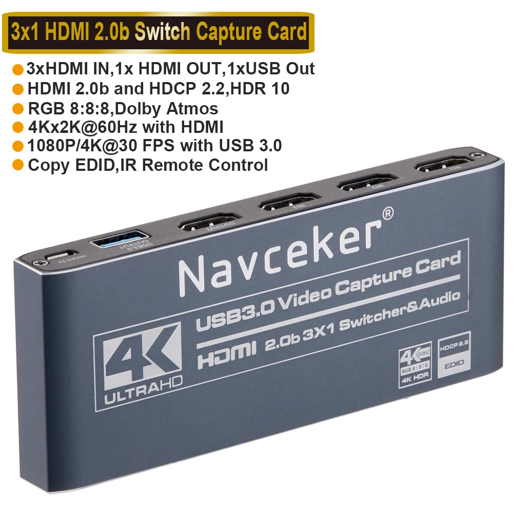 Navceker USB 3.0 HDMI Game Capture Card 1080P 4K placa de video Reliable streaming Adapter For Live Broadcasts Video Recording