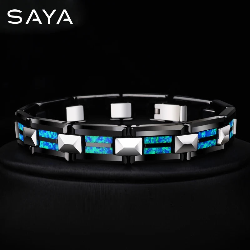 10mm Width Black Ceramic Bracelet Tungsten Links for Men inlay Opal 18.5cm/20cm Length