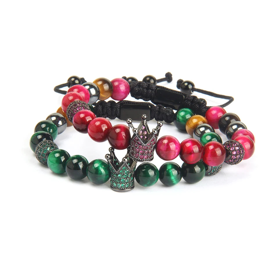 Ailatu 10 teile/los Neue Paare Crown Sets Armband Grün &amp; Rose Natürliche Tigerauge Stein Perlen Gewinde Welle Macrame Schmuck