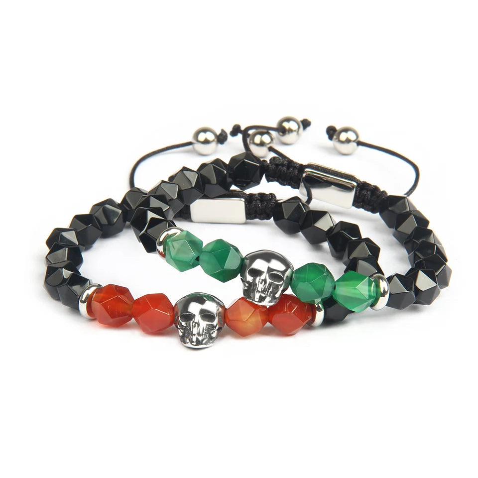 Ailatu 10 teile/los Edelstahl Schädel Flechten Armband Natürliche Faceted Cut Onyx Skeleton Schmuck Seil Kette Grün Männer