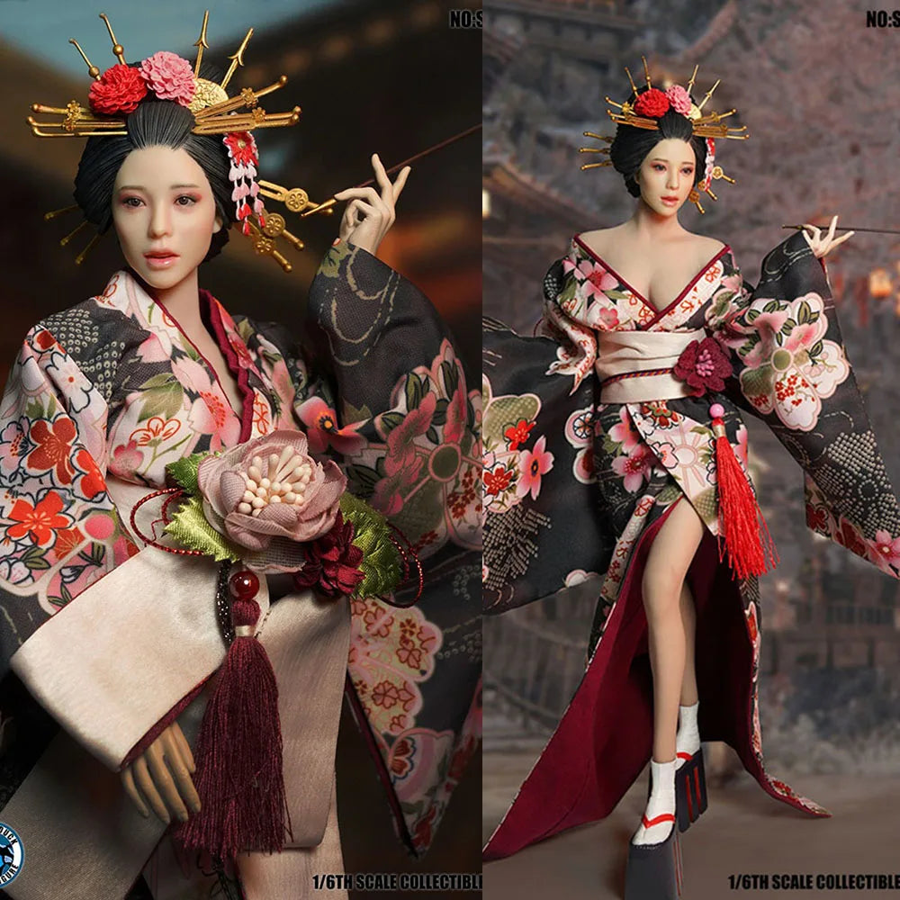 Auf Lager SET052 1/6 Japanische Geisha Oiran Japanische Sengoku Kopfskulptur Kimono Kostüm Kleidung Set Modell für 12'' Körper