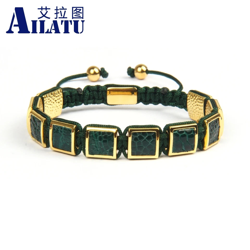 Ailatu 10 Stücke Neue Luxus Echtes Grünes Pythonleder Quadrat Makramee Armband Männer Schmuck Seil Kette Männer Kupfer