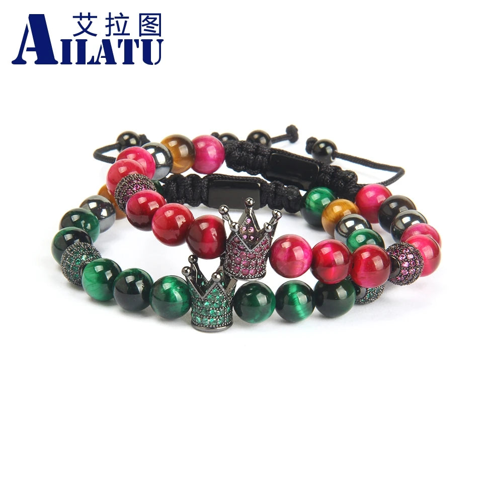 Ailatu 10 teile/los Neue Paare Crown Sets Armband Grün &amp; Rose Natürliche Tigerauge Stein Perlen Gewinde Welle Macrame Schmuck