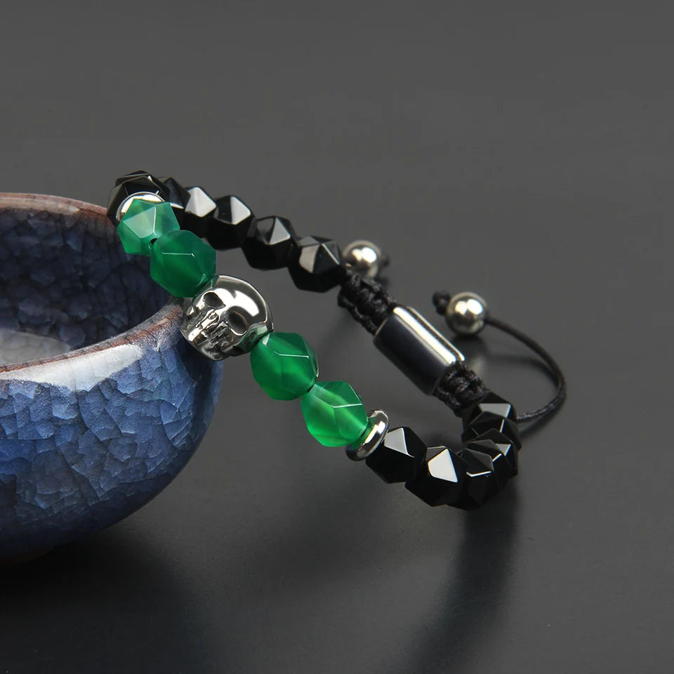Ailatu 10 teile/los Edelstahl Schädel Flechten Armband Natürliche Faceted Cut Onyx Skeleton Schmuck Seil Kette Grün Männer