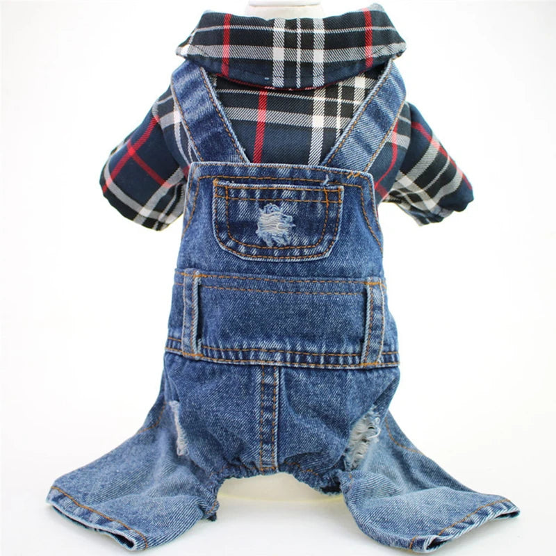 Hund Katze Denim Plaid Jumpsuit Hoodie Haustier Welpen Jean Jacke Frühling/Herbst Kleidung Bekleidung 4 Farben