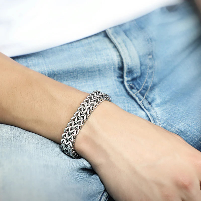 11.5mm Width Titanium Steel Men Bracelets Chain Links Bracelets Two Layers Lengt 17.5cm to 24cm, Engraving