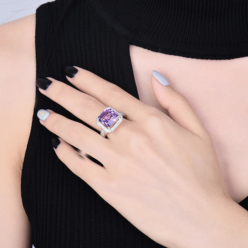 LOVERJEWELRY Klassische Damenringe aus massivem 6,22 Karat Gelbgold, Diamant, lila Amethyst, für Verlobung, Ehering, Schmuck, Geschenk