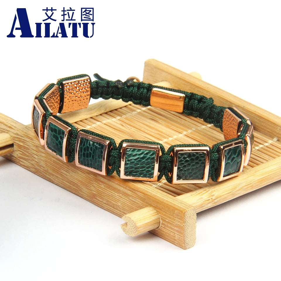 Ailatu 10 Stücke Neue Luxus Echtes Grünes Pythonleder Quadrat Makramee Armband Männer Schmuck Seil Kette Männer Kupfer