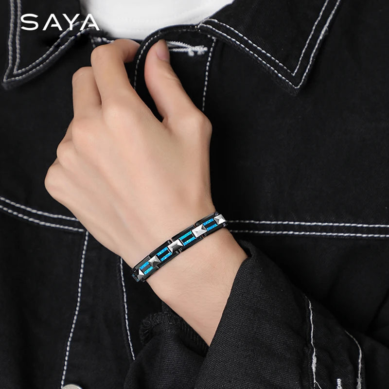 10mm Width Black Ceramic Bracelet Tungsten Links for Men inlay Opal 18.5cm/20cm Length
