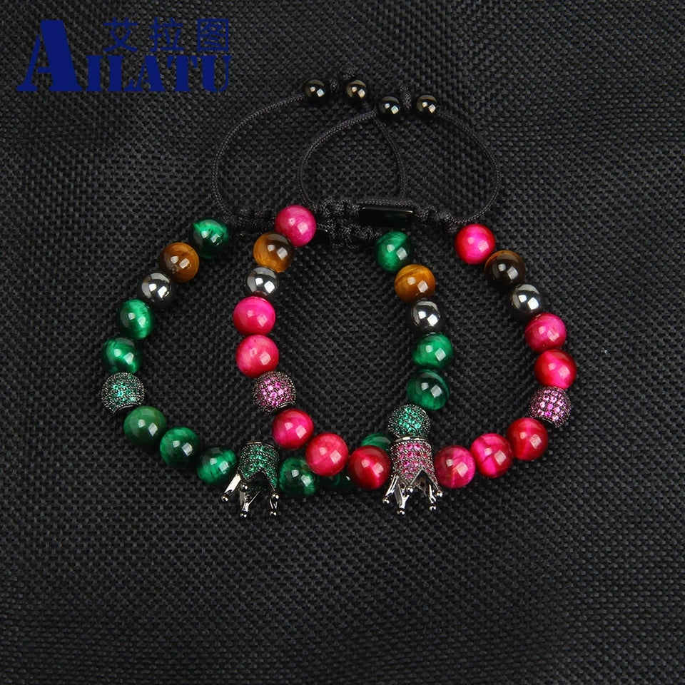 Ailatu 10 teile/los Neue Paare Crown Sets Armband Grün &amp; Rose Natürliche Tigerauge Stein Perlen Gewinde Welle Macrame Schmuck