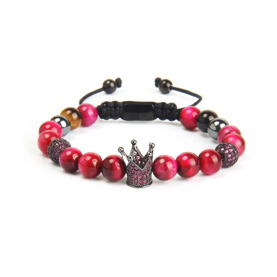 Ailatu 10 teile/los Neue Paare Crown Sets Armband Grün &amp; Rose Natürliche Tigerauge Stein Perlen Gewinde Welle Macrame Schmuck