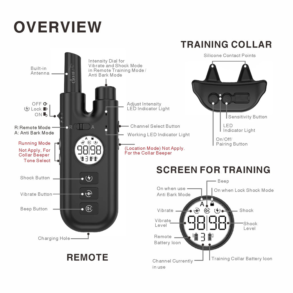 2 in 1 dog shock collar with 800m, rechargeable waterproof remote control electric dog training collar bark stop