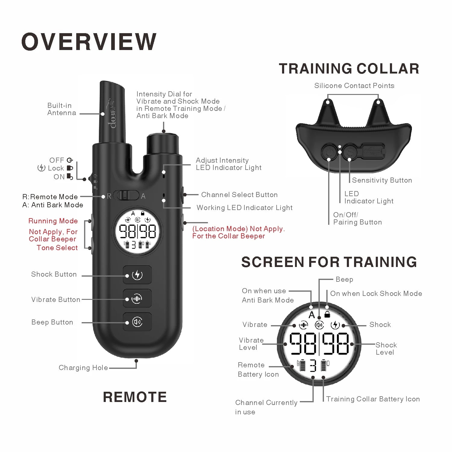 2 in 1 dog shock collar with 800m, rechargeable waterproof remote control electric dog training collar bark stop
