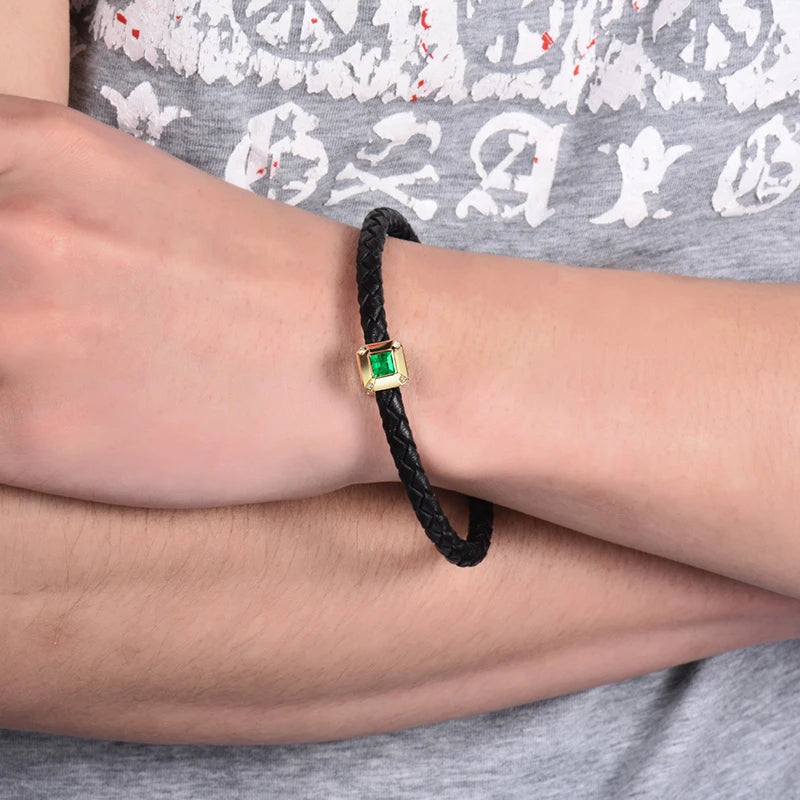 LOVERJEWELRY 18k Yellow Gold Bracelet Au785 Diamond Natural Emerald Gemstone Male Jewelry Bracelets for Men Anniversary Gifts